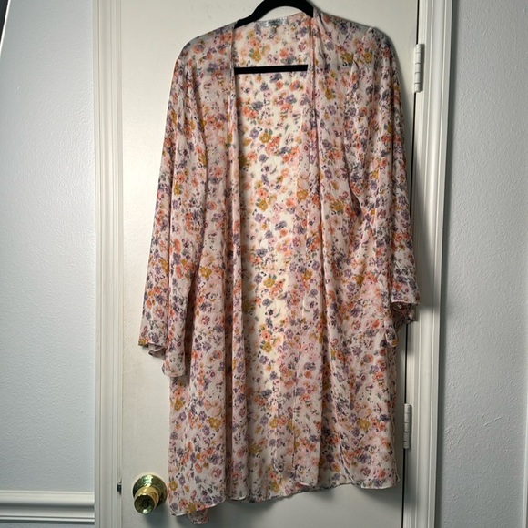 Moa Moa Pink Floral Sheer Open Front Midi Kimono Swim Cover Up Size 2X - Picture 1 of 5